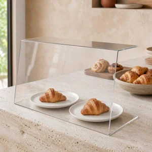 Vitrina protectora de metacrilato para alimentos en forma de L